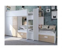 Letto a castello JULIEN - 2x90x190 cm - Armadio integrato - Bianco e quercia