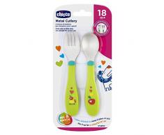 Chicco Posatine Inox 18M+, Posate Bambini, Set Pappa, Forchetta e Cucchiaio per Bambini, in Acciaio Inossidabile, Facili da Impugnare, con Decorazioni Fantasiose, Set Svezzamento Prima Pappa, 2 Pezzi