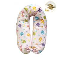 Merrymama Cuscino allattamento e gravidanza + fodera con lacci/cm 190 (imbottito in pula di farro bio), Zoo Sfondo Rosa