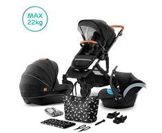 Kinderkraft Passeggino Trio PRIME 2020, 3in1, Elegante Carrozzina, Navicella, Ovetto, Pieghevole, Bambini, 0-15 Kg, Nero