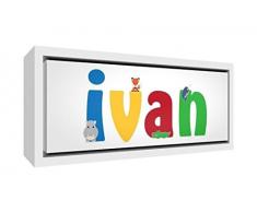 Little Helper LHV-IVAN-1542-FCWHT-15IT Stampa su Tela Incorniciata Legno Bianco, Disegno Personalizzabile con Nome da Ragazzi Ivan, Multicolore, 19 x 46 x 3 cm
