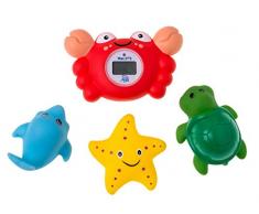 Rotho Babydesign Termometro digitale da bagno a forma di granchio con set di 3 animaletti che spruzzano acqua, Per la temperatura ideale dellacqua, Multicolore, 20442