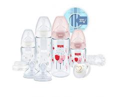 Nuk Perfect Start First Choice+ Set Biberon 0-18 Mesi 4 X Biberon con Controllo Temperature, Ciuccio, Scovolino Bottiglie + Sfiato Anti-Coliche senza Bpa Rosa (Bambina) 10 Pezi