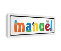 Little Helper LHV-MANUEL-2159-FCWHT-15IT Stampa su Tela Incorniciata Legno Bianco, Disegno Personalizzabile con Nome da Ragazzi Manuel, Multicolore, 25 x 63 x 3 cm