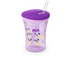 NUK Action Cup tazza per bimbi | 12+ mesi | Coperchio con chiusura ad avvitamento e cannuccia morbida | A prova di perdite | Senza BPA | 230ml | cucciola (viola) | 1 pezzo
