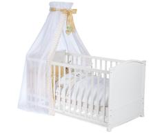 Roba Lettino Completo di Tessile, Lettino in Legno Laccato Bianco Comprensivo di :federa, Copripiumino, Paracolpi, Materasso, Baldacchino, Lettino 70x140cm, Trasformabile in Letto Junior