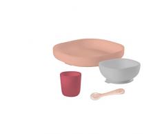 BÉABA - Set Pappa in Silicone, 4 Pezzi : Piatto + Scodella + Ciotola + Cucchiaino Svezzamento, Antiscivolo : con Ventosa, per Bambini e Neonato, Rosa