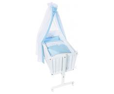 Easy Baby 882 – 37 culla completa con rotelle, inclusi biancheria, materasso e supporto per baldacchino, motivo Bear, Blue/Bianco