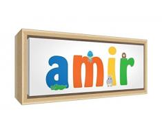 Little Helper LHV-AMIR-3084-FCNAT-15IT Stampa su Tela Incorniciata Legno Naturale, Disegno Personalizzabile con Nome da Ragazzi Amir, Multicolore, 34 x 88 x 3 cm