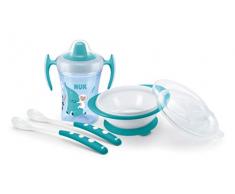NUK Learn to Eat Set | Trainer Cup tazza biberon (230 ml) | Ciotola & Cucchiai | 6+ mesi | Senza BPA | Elefante (Turchese) | 4 pezzi