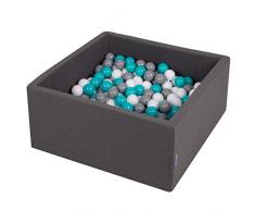 KiddyMoon 90X40cm/300 Palline ∅ 7CM Quadrato Piscina di Palline Colorate per Bambini Fabbricato in EU, Grigio Sc:Grigio/Bianco/Turchese