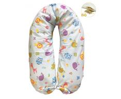 Merrymama Cuscino allattamento e gravidanza + fodera con lacci/cm 190 (imbottito in pula di farro bio), Zoo Sfondo Azzurro