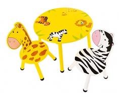 Bieco 74088934 tavolo e due sedie in legno con motivo savana, set da tavola per i bambini dai 3 anni, multicolore