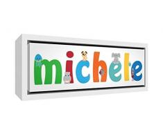 Little Helper LHV-MICHELE-2159-FCWHT-15IT Stampa su Tela Incorniciata Legno Bianco, Disegno Personalizzabile con Nome da Ragazzi Michele, Multicolore, 25 x 63 x 3 cm