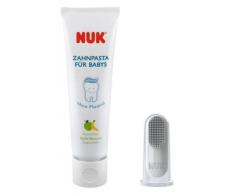 NUK 10256396 - Set per ligiene orale dei bambini, composto da dentifricio allaroma di mela-banana e spazzolino da dito, privo di BPA