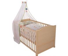Roba Lettino Completo di Tessilewoodland Marriage, Lettino in Legno Naturale Comprensivo di :federa, Copripiumino, Paracolpi, Materasso, Baldacchino, Lettino 70x140cm, Trasformabile in Letto Junior