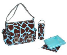 Kalencom - Borsa da donna con fibbie e tracolla regolabile, disegno elegante con motivo effetto pelle di giraffa, provvista di tasche portaoggetti, fasciatoio e portabiberon termico, colore: Cioccolato/Azzurro