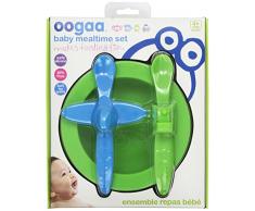 Oogaa - Set da tavola per bambini, include ciotola e 2 cucchiai in silicone, ideali per non irritare le gengive dei più piccoli, colore: Verde