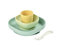 Béaba Set Pranzo in Silicone con Robusta Ventosa, Composto da 4 Pezzi, Piatto, Ciotola, Tazza e Cucchiaio con Ventosa in Silicone di Alta Qualità, per Neonati e Bambini, Naturale