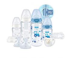 Nuk Perfect Start First Choice+ Set Biberon 0-18 Mesi 4 X Biberon con Controllo Temperature, Ciuccio, Scovolino Bottiglie + Sfiato Anti-Coliche senza Bpa Blu (Bambino) 10 Pezi