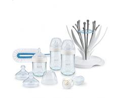 NUK 10225163 Nature Sense bottiglie di vetro Set, Biberon, tettarella, scovolino per biberon, Multi Dry e Genius Ciuccio, Bianco