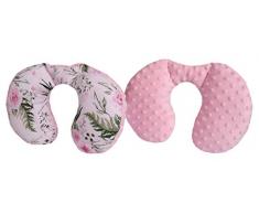 Medi Partners - Cuscino cervicale per bambini, 100% cotone/Minky, per auto, passeggino, viaggi, dormire, cuscino per collo (motivo floreale con Minky rosa chiaro)