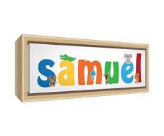 Little Helper LHV-SAMUEL-1542-FCNAT-15IT Stampa su Tela Incorniciata Legno Naturale, Disegno Personalizzabile con Nome da Ragazzi Samuel, Multicolore, 19 x 46 x 3 cm