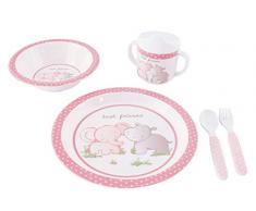 Bieco 04000267 stoviglie set con motivo animalier, 5 pezzi, articoli per la tavola dei bambini fatta di melamina, stoviglie per bambini, rosa