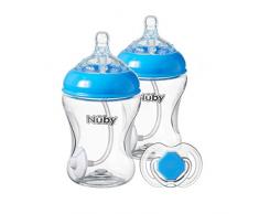 Nuby Reduce Reflux biberon con tettarelle anti coliche. Set di 2 bottiglie da 240 ml. Include spazzola di pulizia e ciuccio.