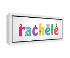 Little Helper LHV-RACHELE-2159-FCWHT-15IT Stampa su Tela Incorniciata Legno Bianco, Disegno Personalizzabile con Nome da Ragazza Rachele, Multicolore, 25 x 63 x 3 cm