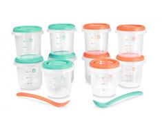 Miniland - Confezione da 10 contenitori ermetici per alimenti da 250 ml e due cucchiai anatomici per organizzare i pasti del tuo bambino, per tutti i tipi di cibo, solidi, liquidi, latte materno