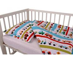 Biancheria da letto in cotone per lettino, 2 pezzi, 100% cotone, 100 x 135 cm + cuscino 40 x 60 cm con chiusura lampo nascosta, biancheria da letto per bambini (auto)