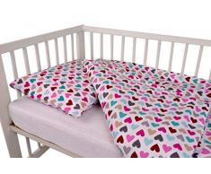 Biancheria da letto in cotone per lettino, 2 pezzi, 100% cotone, 100 x 135 cm + cuscino 40 x 60 cm con chiusura lampo nascosta, biancheria da letto per bambini (cuori)