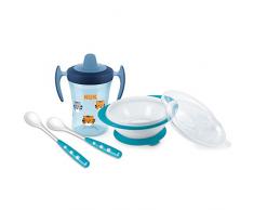 NUK Learn-to-Eat Set di stoviglie e biberon per bambino, con 1 tazza, 1 ciotola (con coperchio) e 2 Cucchiai, Tigre (blu)