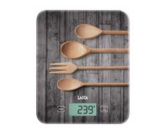 Laica KS5010 Bilancia da Cucina Elettronica, Vetro Temperato Serigrafia Legno , Tasti Touch Sensor, 10 kg, elettrica, grigio/marrone