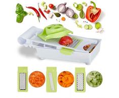 relaxdays Tagliaverdure Profi con Contenitore, 4 Lame in Acciaio Inox, Salvadita Regolabile, Affettatrice, Bianco/Verde, Plastica
