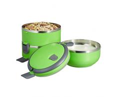 Relaxdays 10023881_53 Portapranzo, 3 Scomparti in Acciaio, Contenitore Superiore Ermetico, Box Rotondo, Snack, Pranzo e Altro, Verde