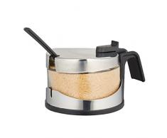 Relaxdays, cucchiaino Zuccheriera con Cucchiaino & Coperchio, Rotondo, Marmellata, Formaggera, Vetro/Acciaio Inox, Argento-Nero, ABS