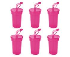 eBuyGB - Bicchiere con coperchio e cannuccia, 400 ml, plastica, rosa, Confezione da 6