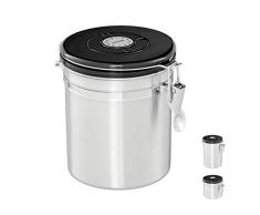 relaxdays Kaffeedose Contenitore caffè, Ermetico, Chiusura a Clip, con Indicazione Data di Scadenza, Acciaio, 15,5x12,5 cm, Argento, Inox, ABS, Nero