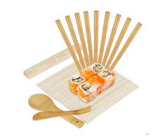 Relaxdays Kit in bambù per Sushi, 2 Tovagliette, 1 Cucchiaio, 1 Paletta, 10 Paia di Bacchette, Accessori, Naturale