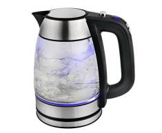 Team Kalorik Bollitore Elettrico Senza Fili 1.7 L in Vetro/Inox (40-100°C), Illuminazione Interna LED, 2200 W, Filtro antiparticolato, Argentato/Nero, TKG JK 1040, Acciaio Inossidabile, Blu
