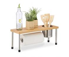 Relaxdays Portautensili da Cucina, con Porta posate & Rotoli da Cucina, Spezie, Bambù & Acciaio Inox, Naturale/Argento