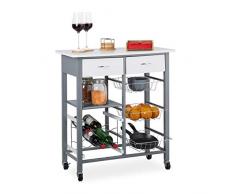 Relaxdays Carrello Portavivande Cucina, 2 Cassetti, 3 Cestelli, Portabottiglie di Vino, HLP: 84 x 76 x 40 cm, Bianco, Legno