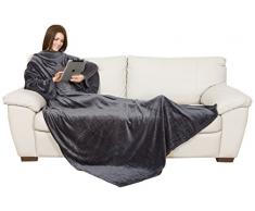 Coperta con le maniche in morbido pile. Plaid in soffice e calda microfibra, con tasca, ideale per regalo Natale o per comodo relax sul divano, TV, in casa. KANGURU DELUXE LOFT, Grigio 140 x 210 cm