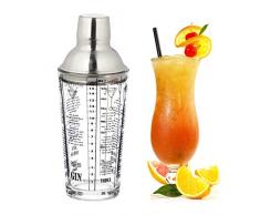 relaxdays Shaker per Cocktail, 6 Ricette, Scala Graduata, Tappo in Acciaio Inox, Colino & Misurino, 450 ml, Trasparente, Vetro