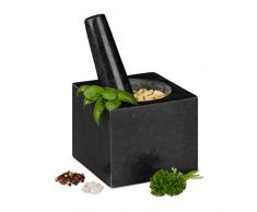 Relaxdays Mortaio, Mortaio & Pestello in Granito, Robusto & Resistente, Erbe Aromatiche, Quadrato, V 250 ml, 9,5x11x11cm, Grigio