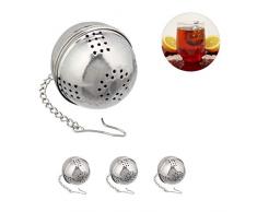 Relaxdays, Argento Infusore, 4 Filtri per Tè Sfuso, Acciaio Inox, a Sfera, Tazze, Catena con Gancio, Ø 4 cm