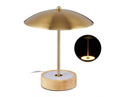 Relaxdays Lampada da Tavolo LED, Base Rotonda con LED Integrato, Paralume in Ferro, H x D: 31,5 x 27,5 cm, ottone/legno