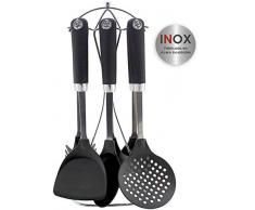 Bastilipo - Set di accessori da cucina 7 pezzi: Schiumarola, mestolo, mestolo, spatola, spatola forata, mestolo per pasta, supporto in acciaio inox